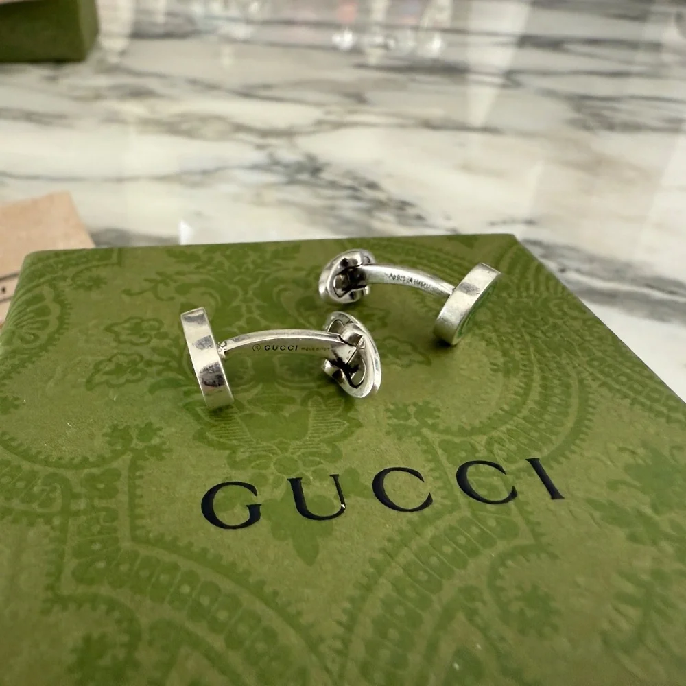 Gucci 681283 Silver Cufflinks with Green GG inlay, with box